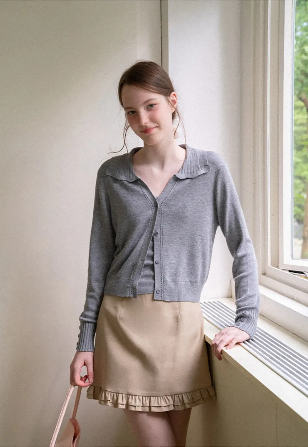 Ruffled Collar Button Front Knit Cardigan