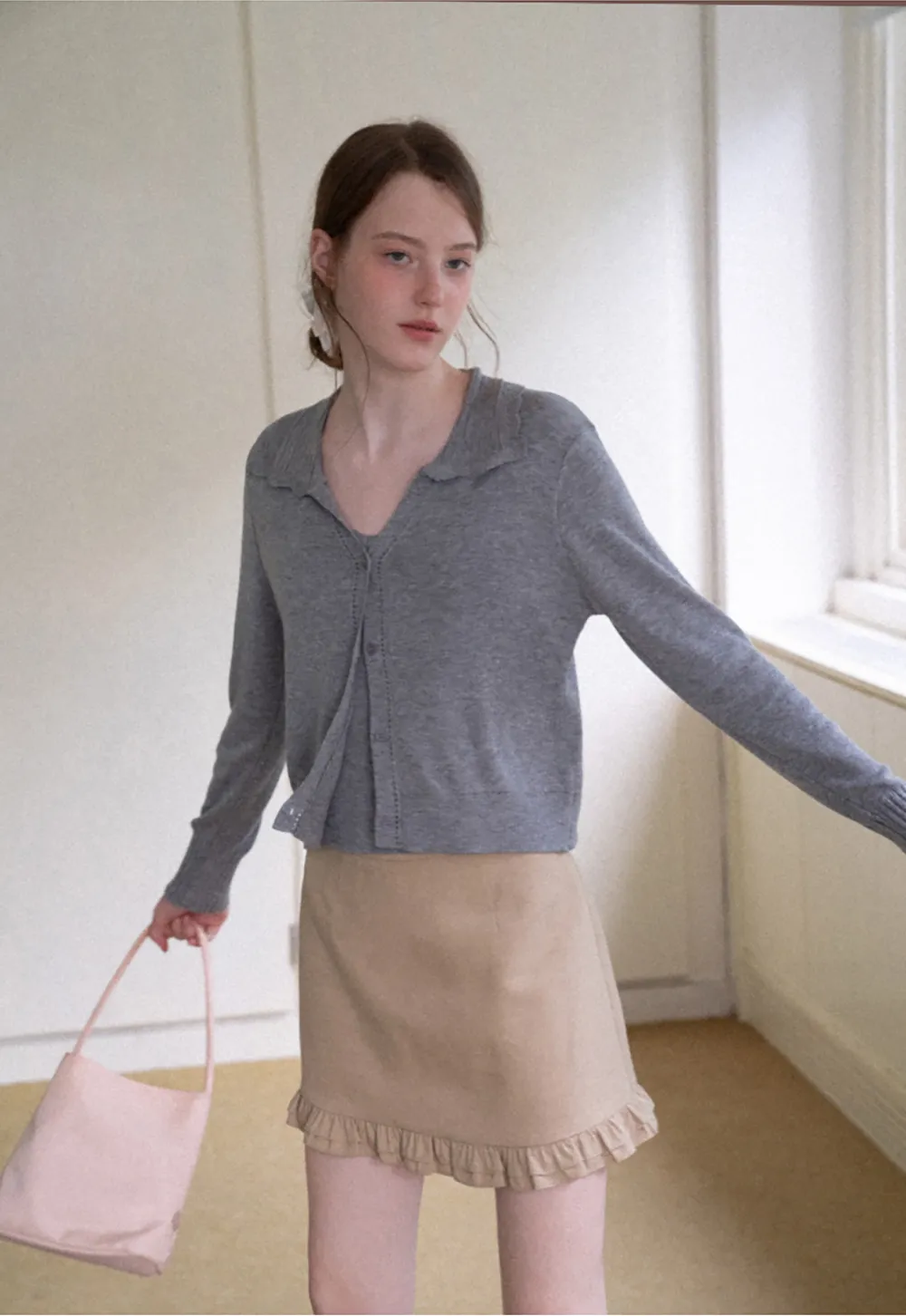Ruffled Collar Button Front Knit Cardigan