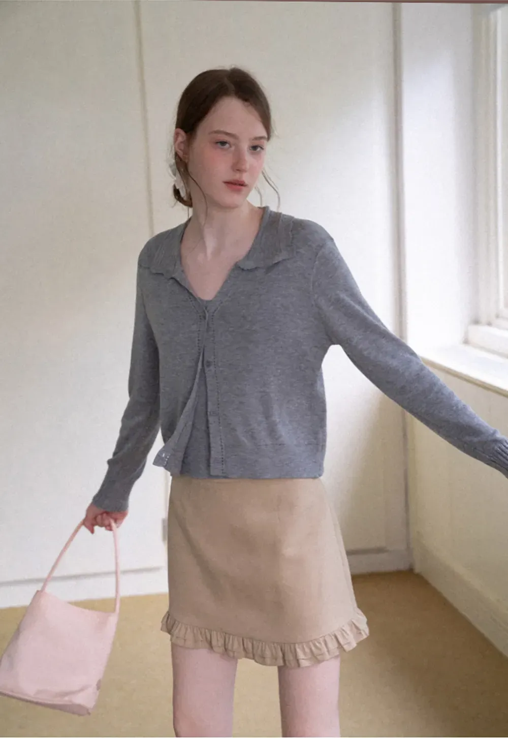 Ruffled Collar Button Front Knit Cardigan
