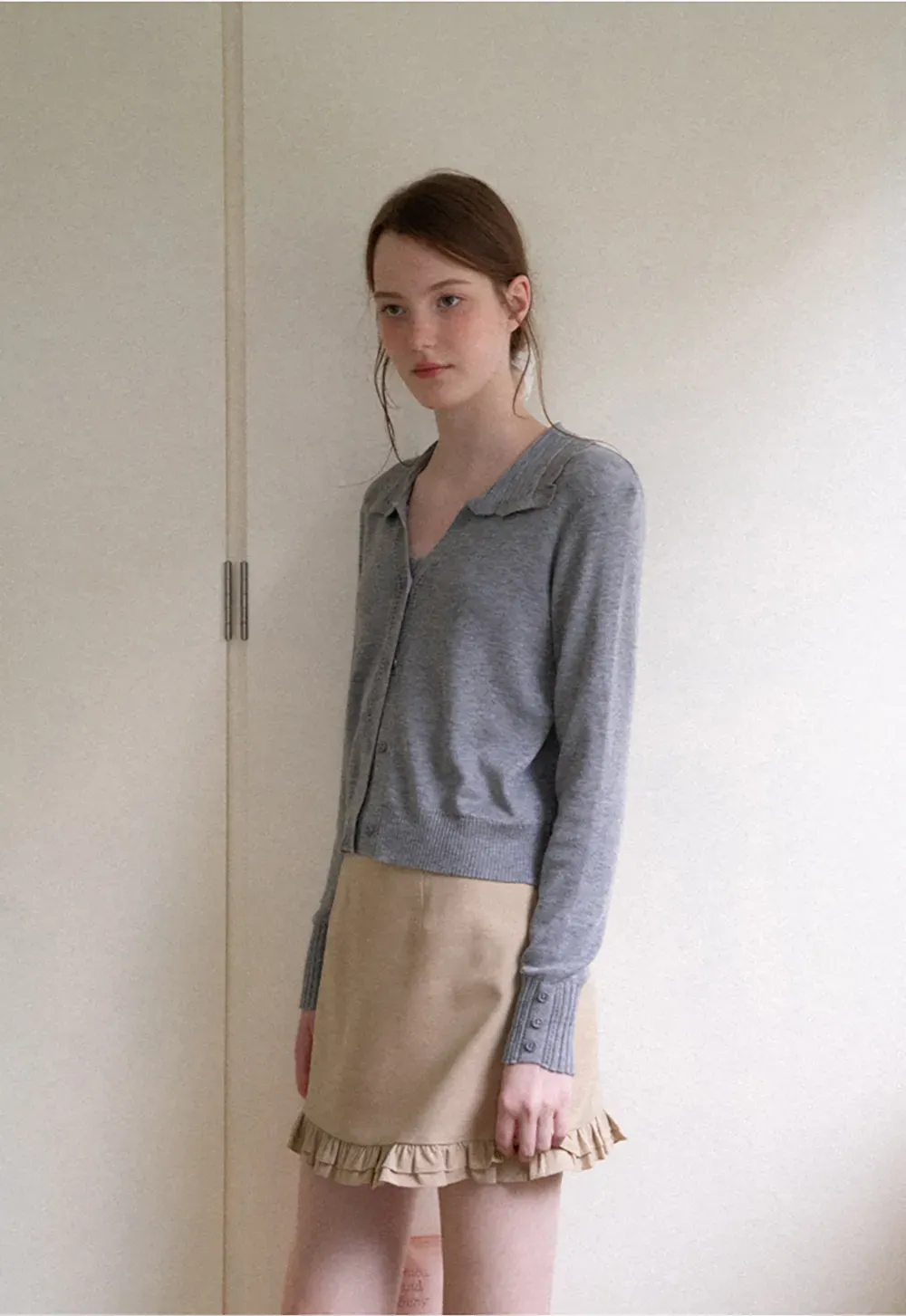 Ruffled Collar Button Front Knit Cardigan