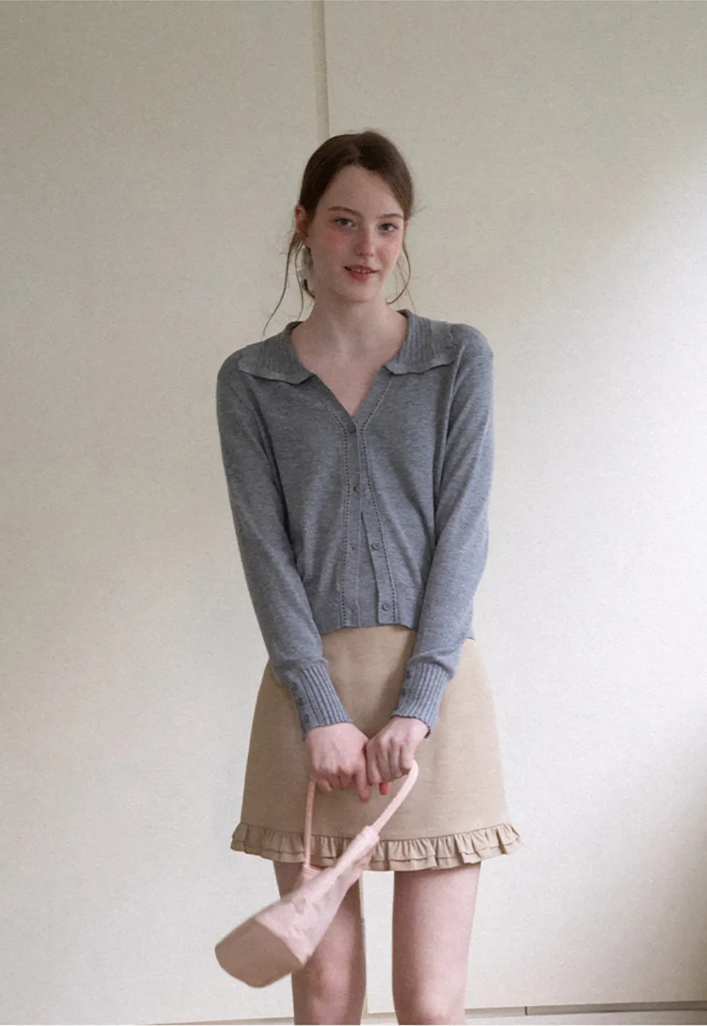 Ruffled Collar Button Front Knit Cardigan