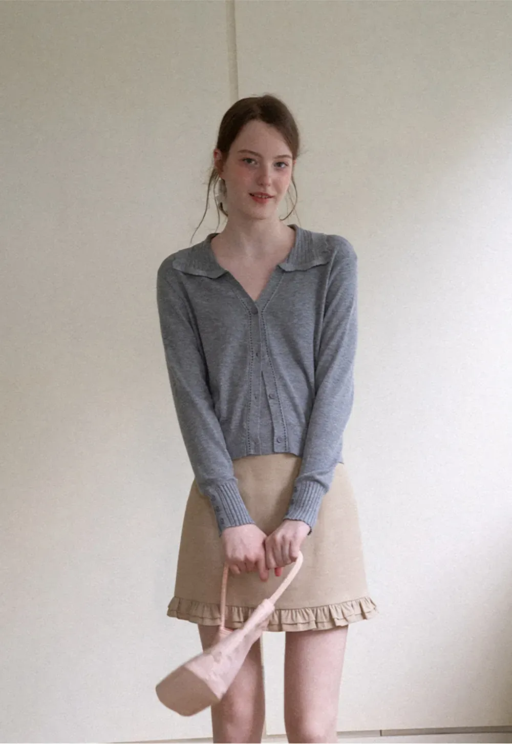 Ruffled Collar Button Front Knit Cardigan