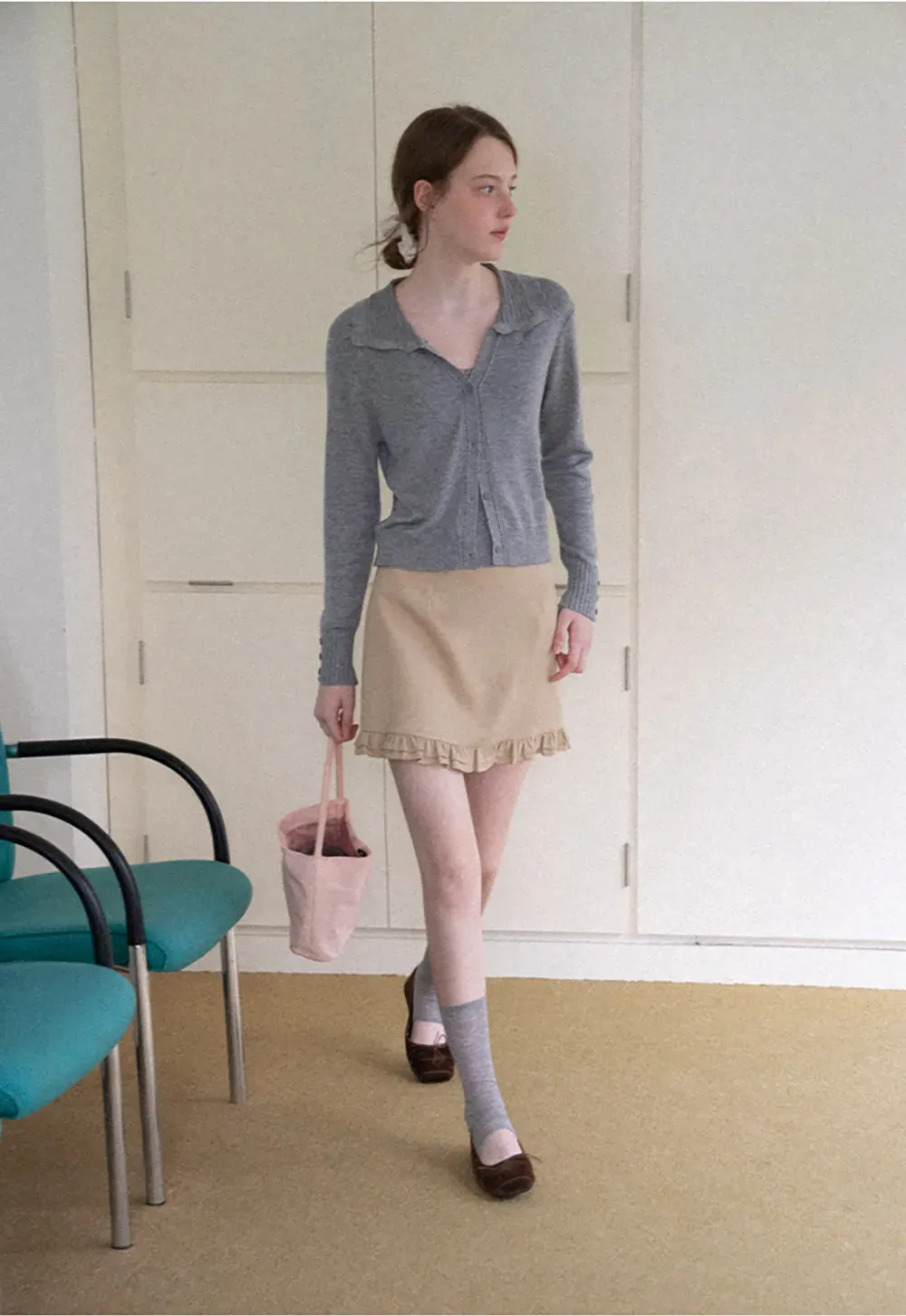 Ruffled Collar Button Front Knit Cardigan