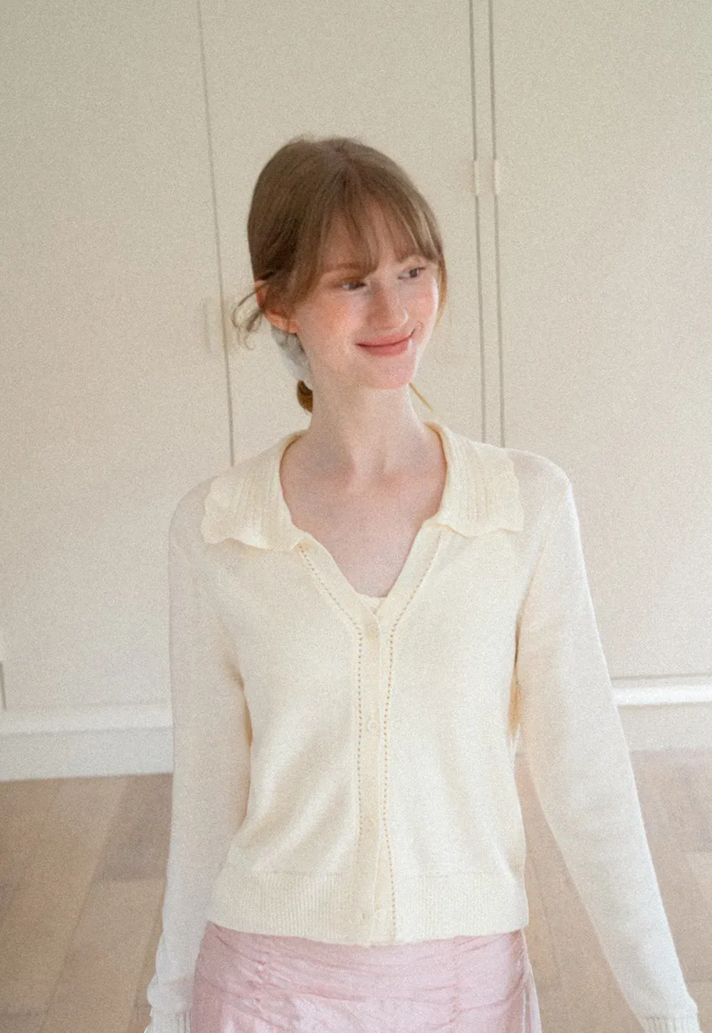 Ruffled Collar Button Front Knit Cardigan