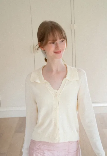 Ruffled Collar Button Front Knit Cardigan