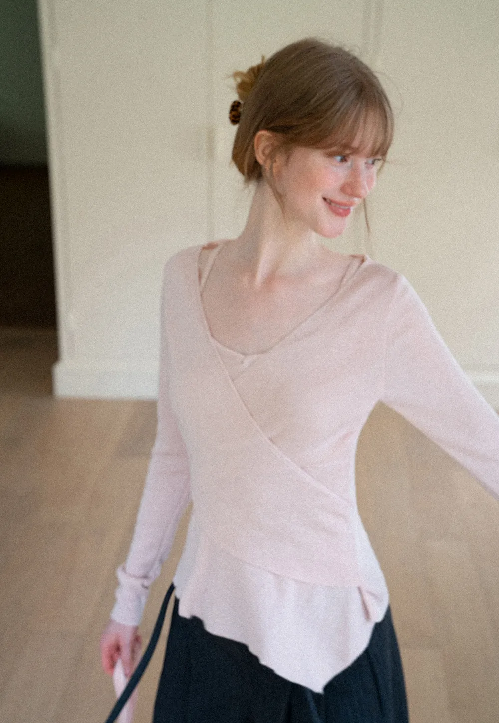 Wrap Front V Neck Long Sleeve Knit Sweater