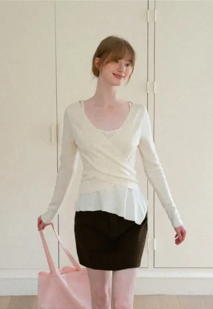 Wrap Front V Neck Long Sleeve Knit Sweater