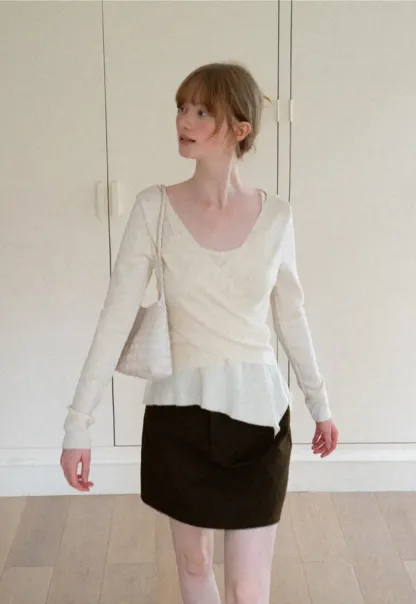 Wrap Front V Neck Long Sleeve Knit Sweater