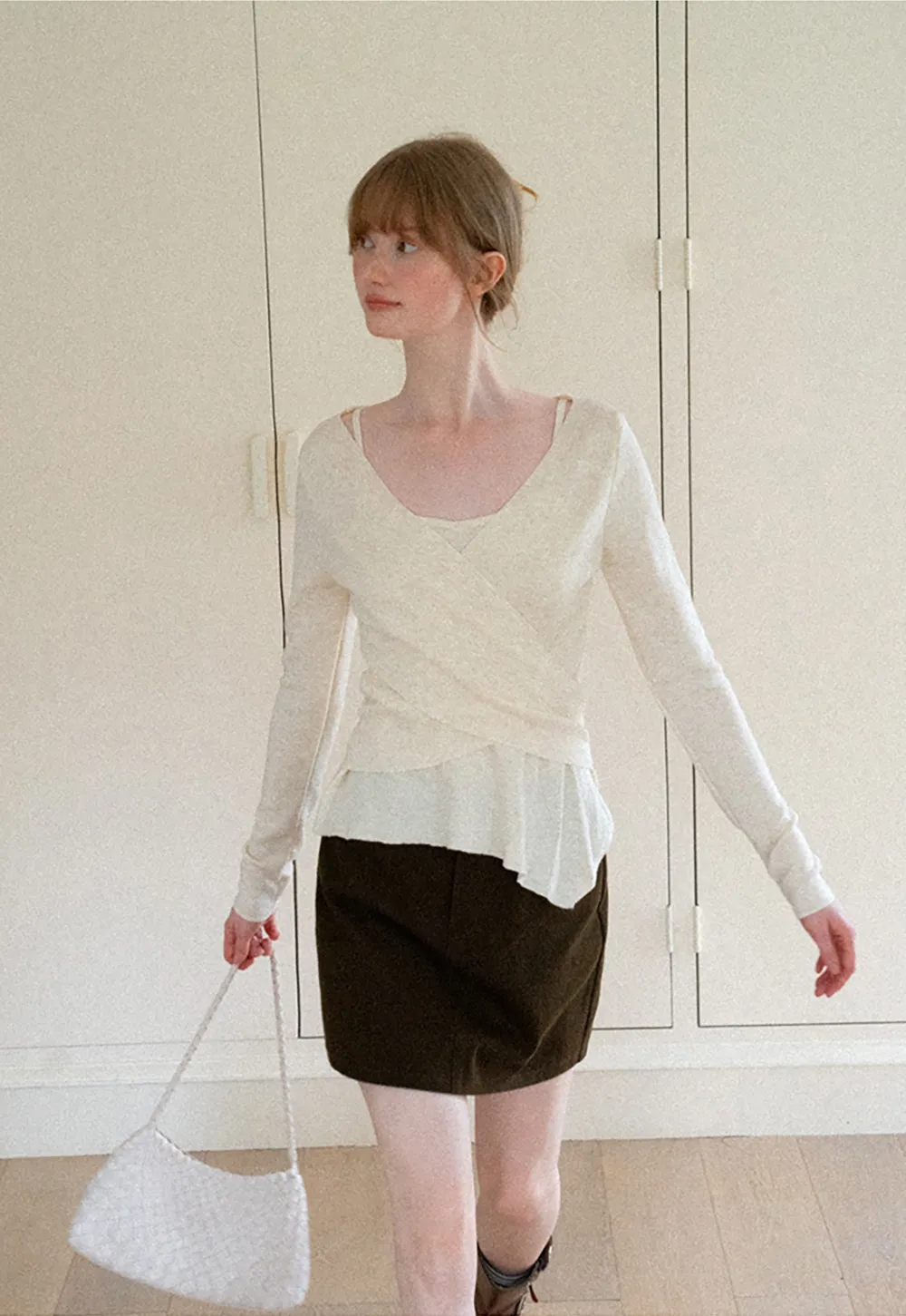 Wrap Front V Neck Long Sleeve Knit Sweater