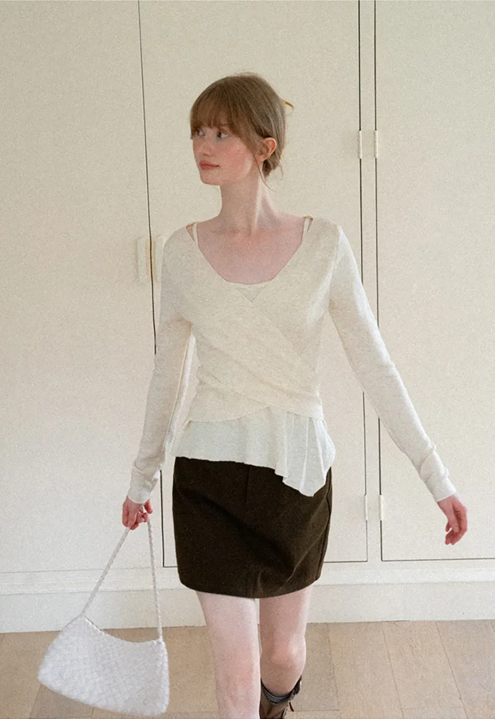 Wrap Front V Neck Long Sleeve Knit Sweater