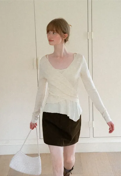 Wrap Front V Neck Long Sleeve Knit Sweater