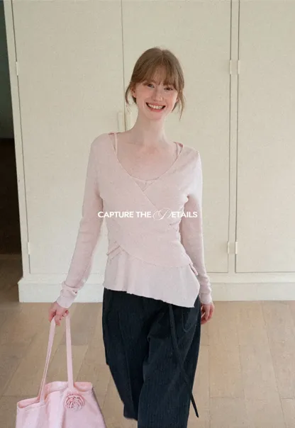Wrap Front V Neck Long Sleeve Knit Sweater