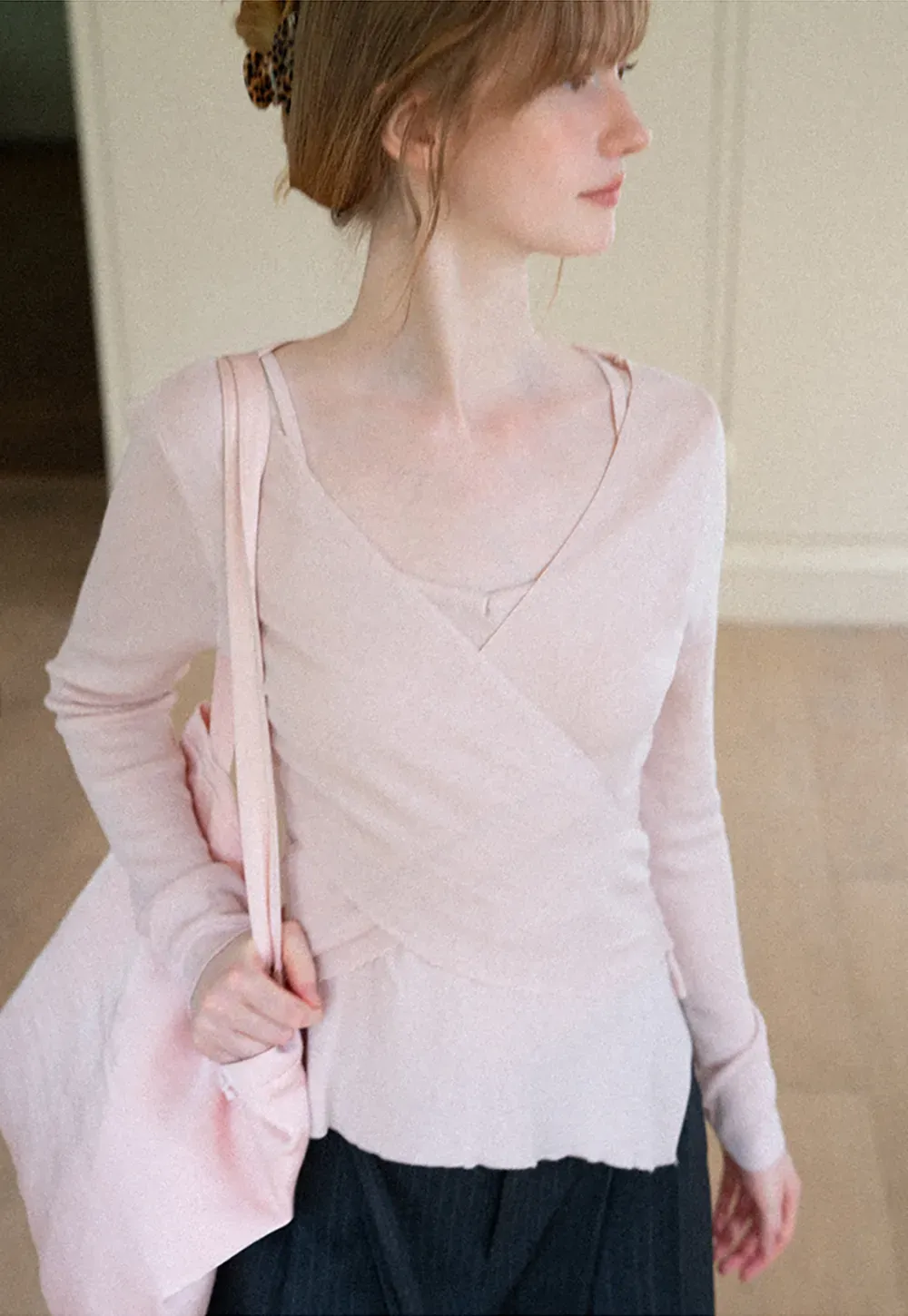 Wrap Front V Neck Long Sleeve Knit Sweater