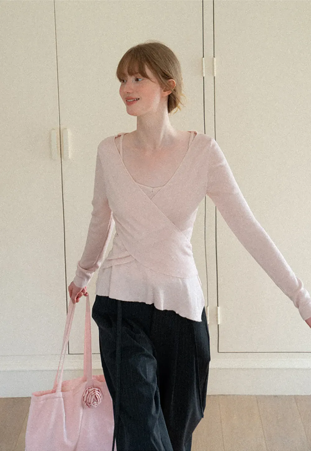 Wrap Front V Neck Long Sleeve Knit Sweater