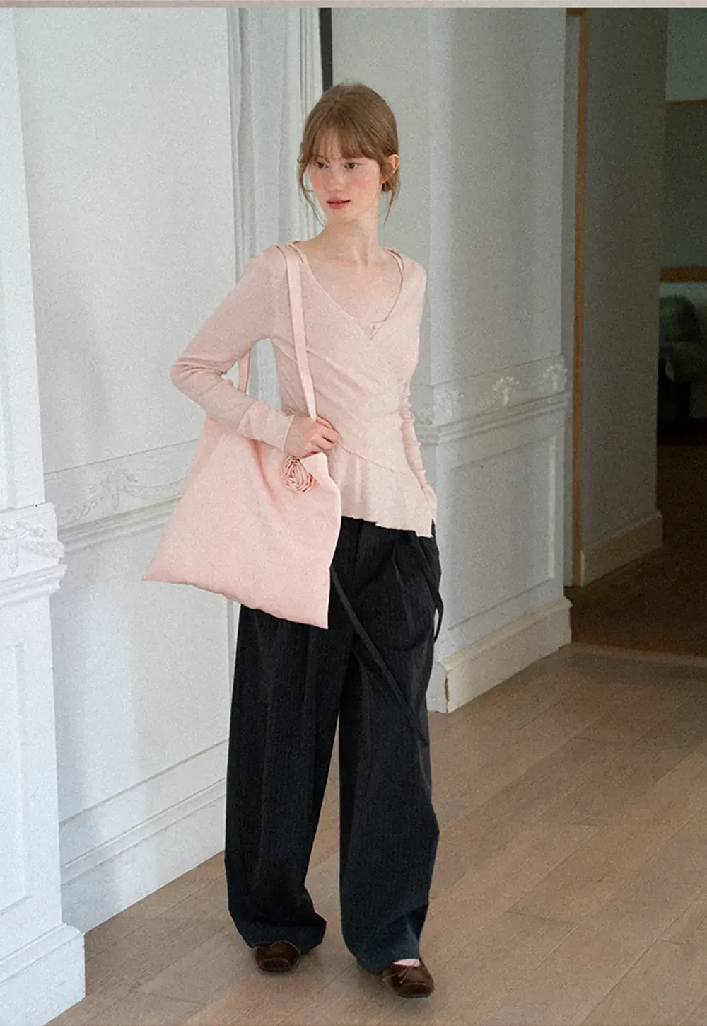 Wrap Front V Neck Long Sleeve Knit Sweater