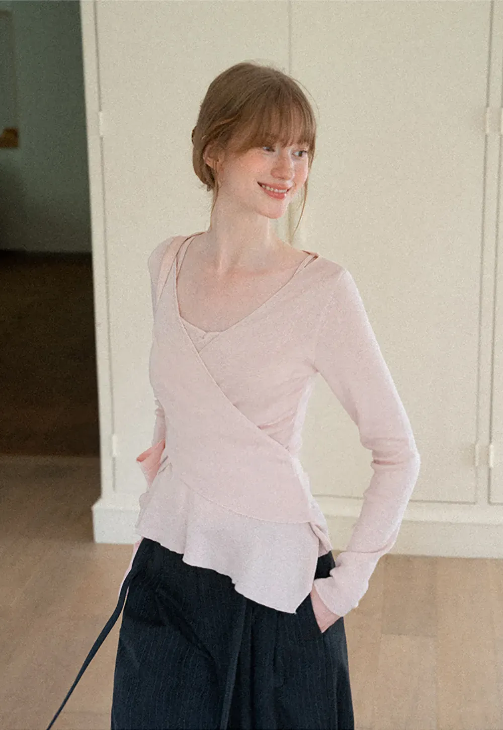 Wrap Front V Neck Long Sleeve Knit Sweater