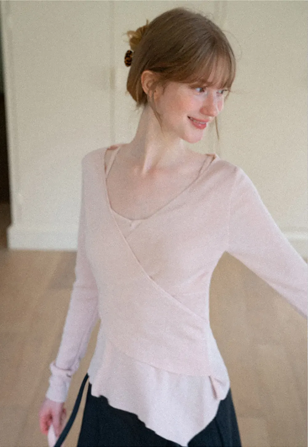 Wrap Front V Neck Long Sleeve Knit Sweater
