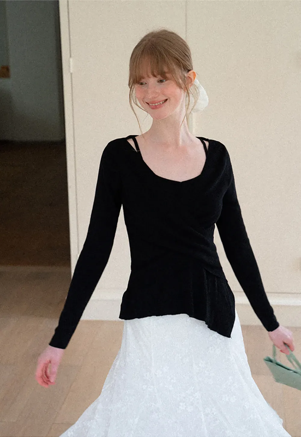 Wrap Front V Neck Long Sleeve Knit Sweater