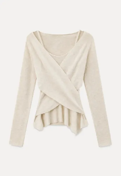 Wrap Front V Neck Long Sleeve Knit Sweater