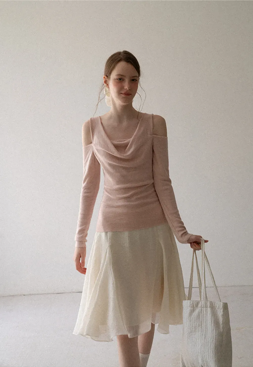 Off Shoulder Cowl Neck Long Sleeve Woolen Knit Sweater