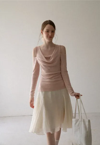 Off Shoulder Cowl Neck Long Sleeve Woolen Knit Sweater