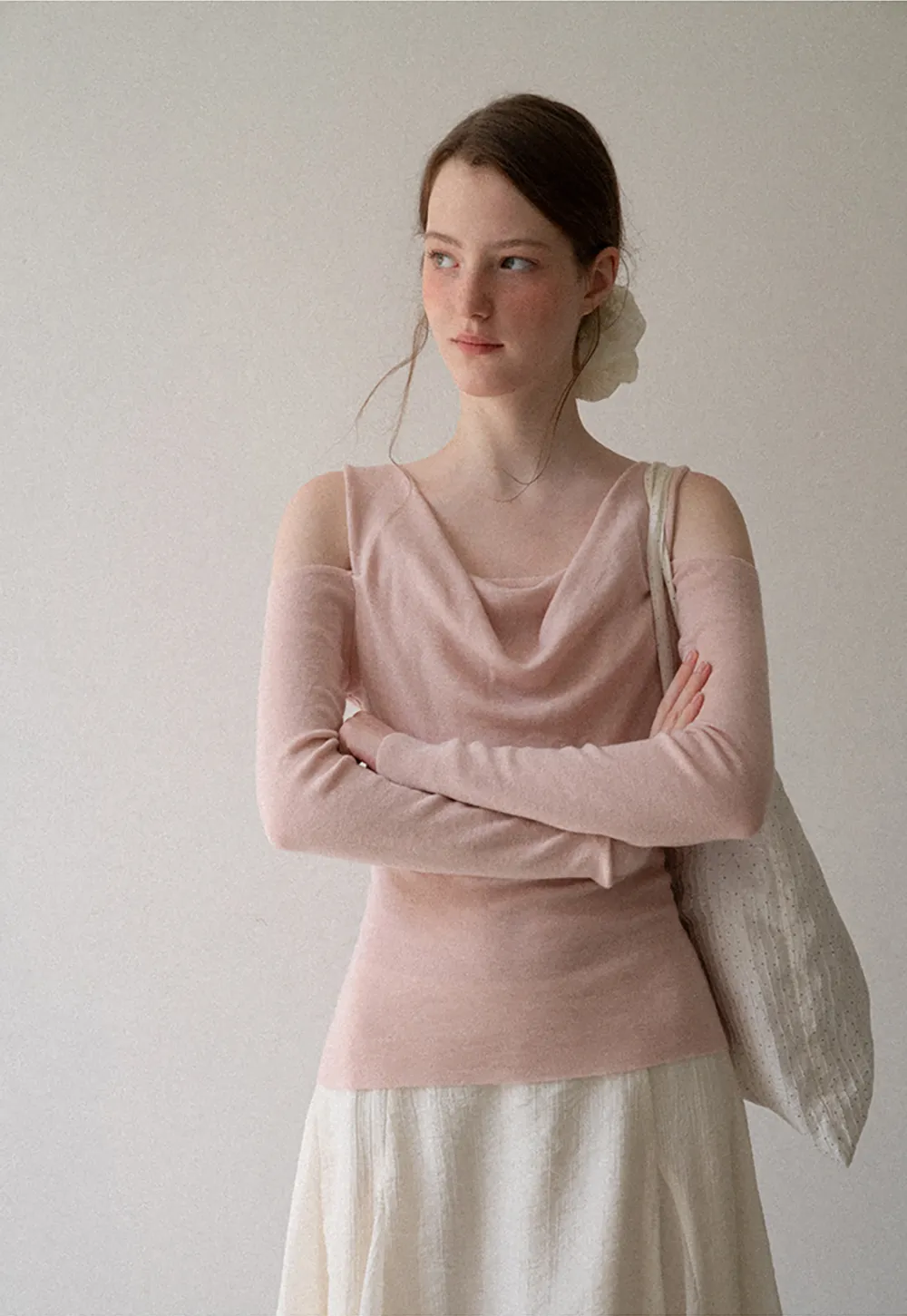 Off Shoulder Cowl Neck Long Sleeve Woolen Knit Sweater