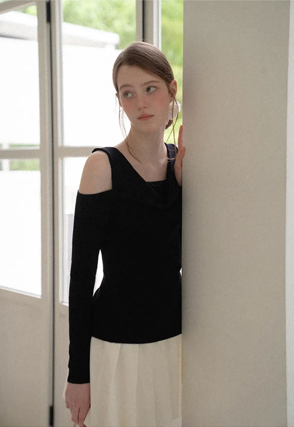 Off Shoulder Cowl Neck Long Sleeve Woolen Knit Sweater