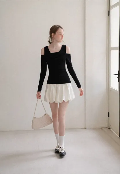 Off Shoulder Cowl Neck Long Sleeve Woolen Knit Sweater