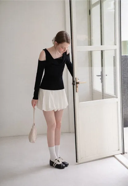 Off Shoulder Cowl Neck Long Sleeve Woolen Knit Sweater