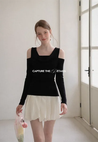 Off Shoulder Cowl Neck Long Sleeve Woolen Knit Sweater