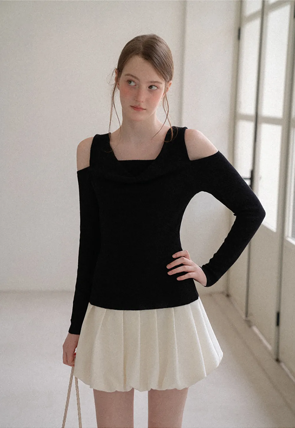 Off Shoulder Cowl Neck Long Sleeve Woolen Knit Sweater