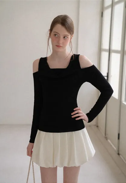 Off Shoulder Cowl Neck Long Sleeve Woolen Knit Sweater