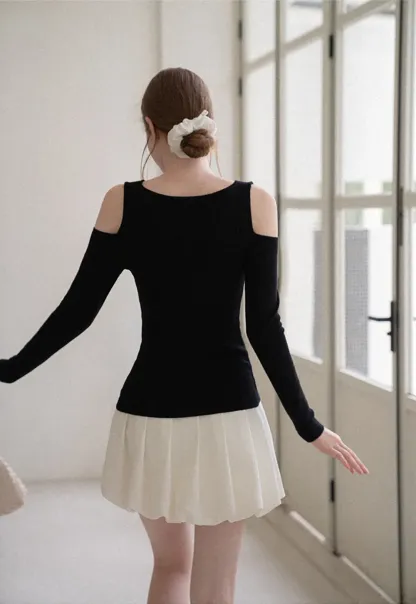 Off Shoulder Cowl Neck Long Sleeve Woolen Knit Sweater