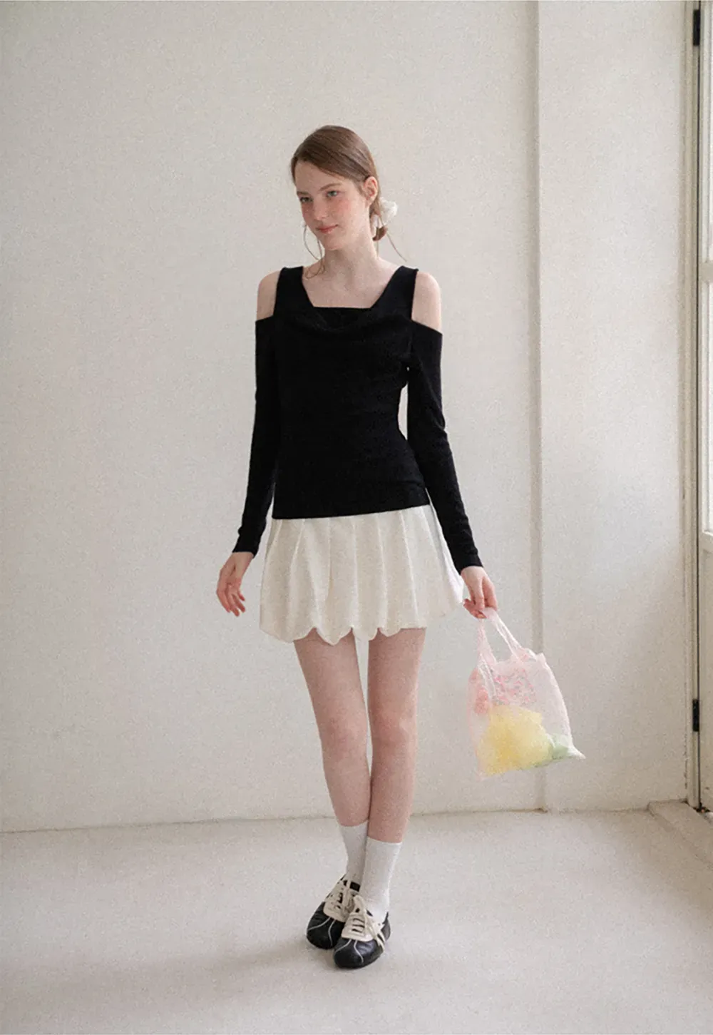 Off Shoulder Cowl Neck Long Sleeve Woolen Knit Sweater