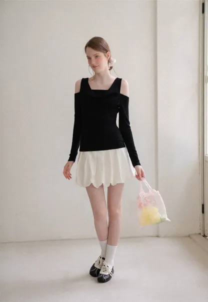 Off Shoulder Cowl Neck Long Sleeve Woolen Knit Sweater
