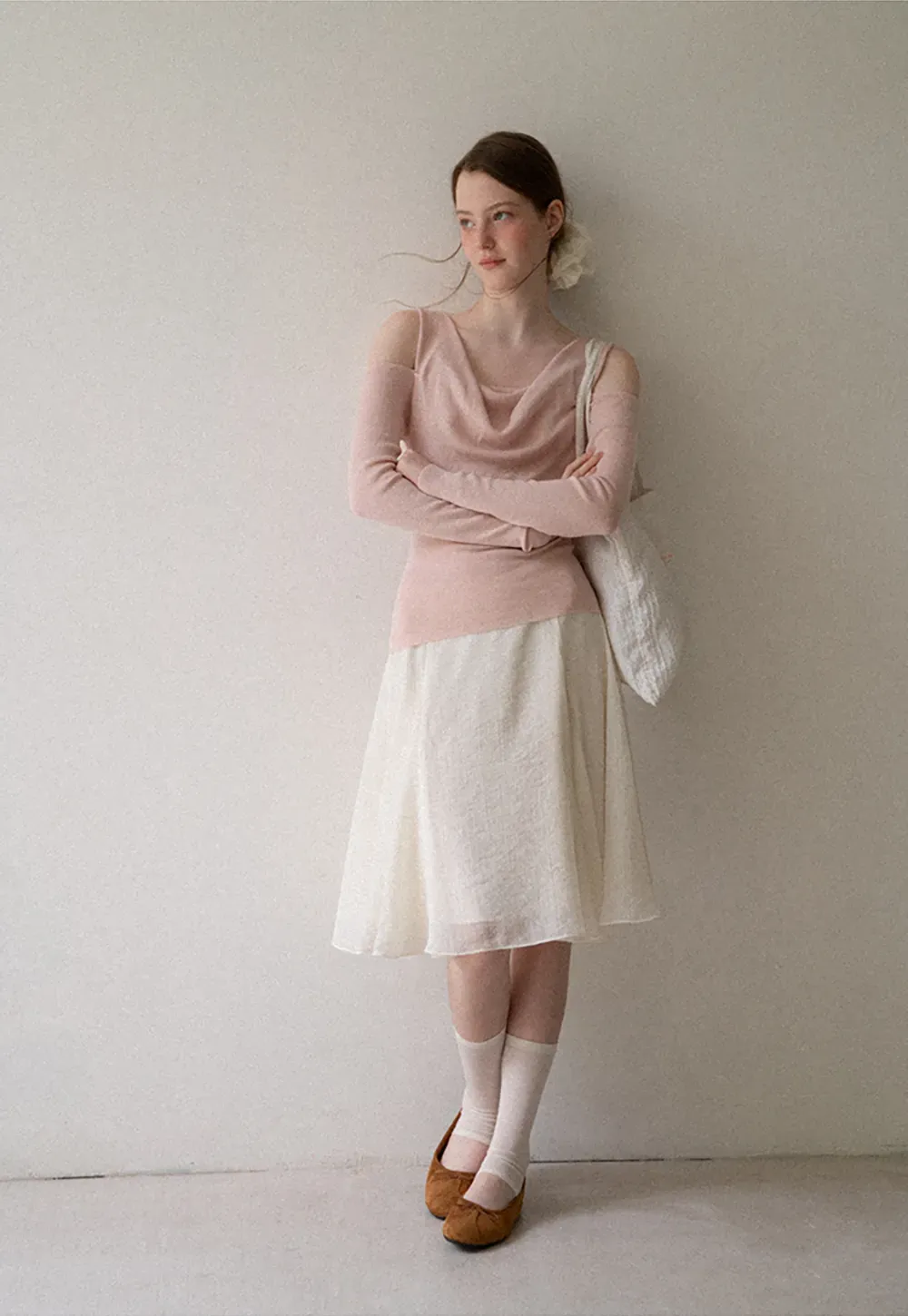Off Shoulder Cowl Neck Long Sleeve Woolen Knit Sweater