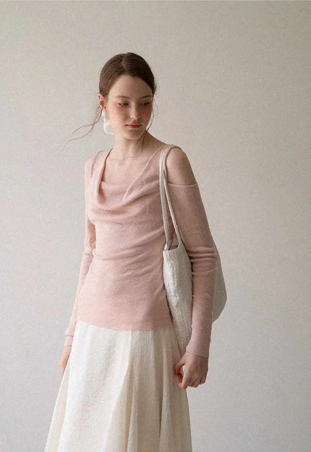 Off Shoulder Cowl Neck Long Sleeve Woolen Knit Sweater