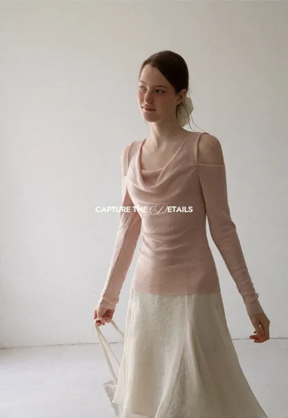 Off Shoulder Cowl Neck Long Sleeve Woolen Knit Sweater