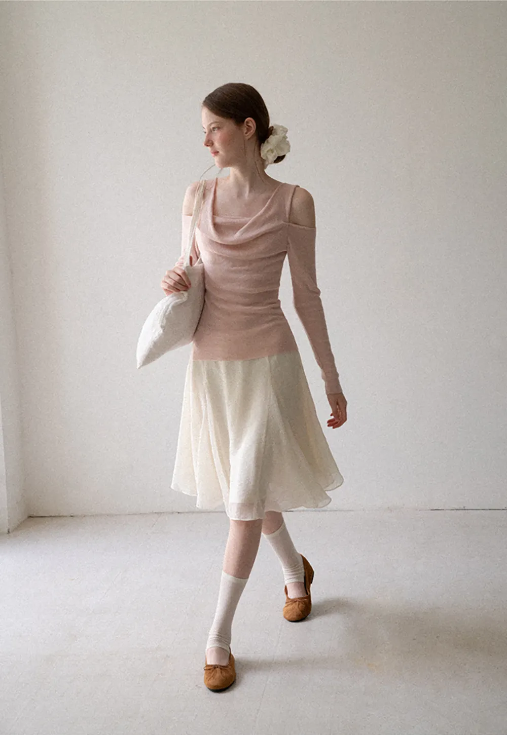 Off Shoulder Cowl Neck Long Sleeve Woolen Knit Sweater