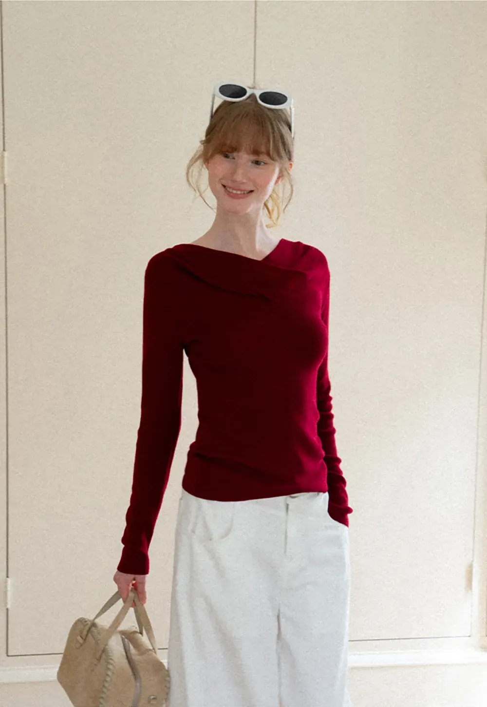 Asymmetrical Cowl Neck Woolen Knit Sweater