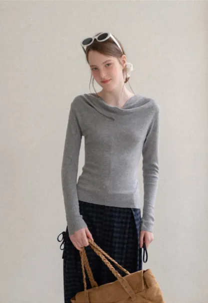 Asymmetrical Cowl Neck Woolen Knit Sweater