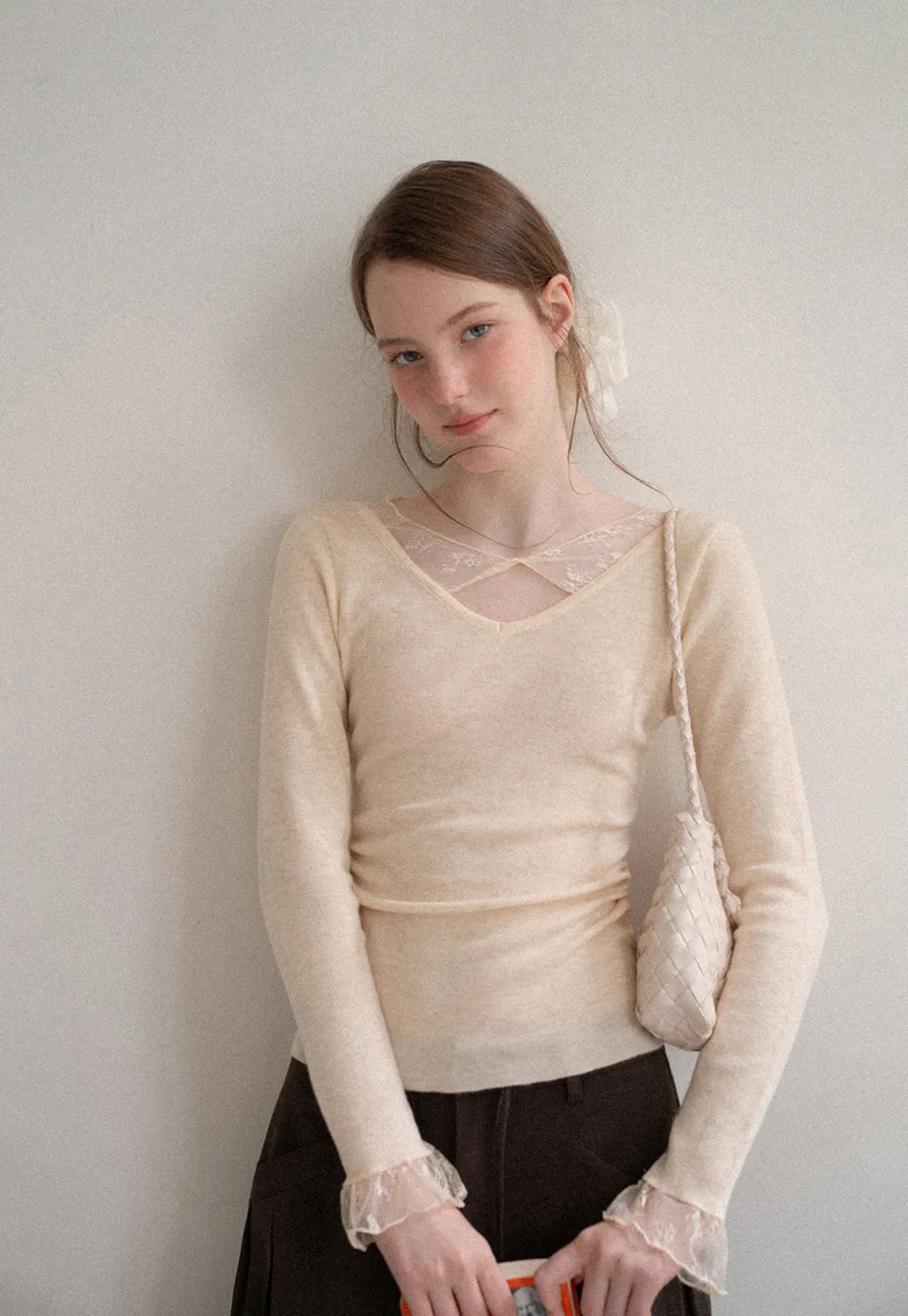 Lace Trim V Neck Long Sleeve Knit Sweater
