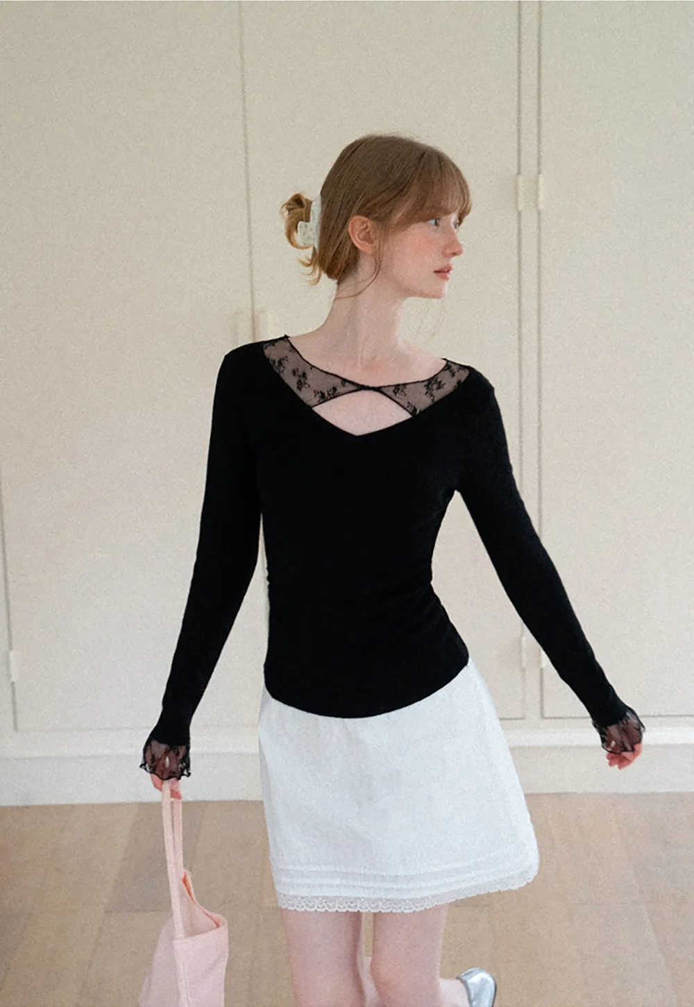 Lace Trim V Neck Long Sleeve Knit Sweater