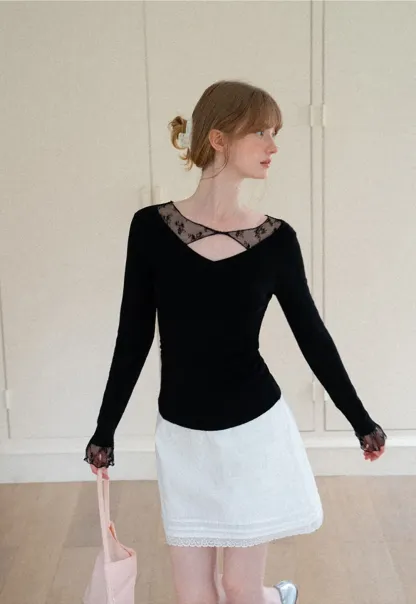Lace Trim V Neck Long Sleeve Knit Sweater