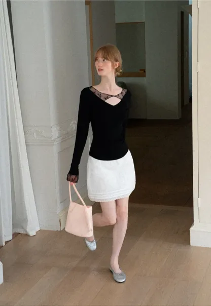 Lace Trim V Neck Long Sleeve Knit Sweater