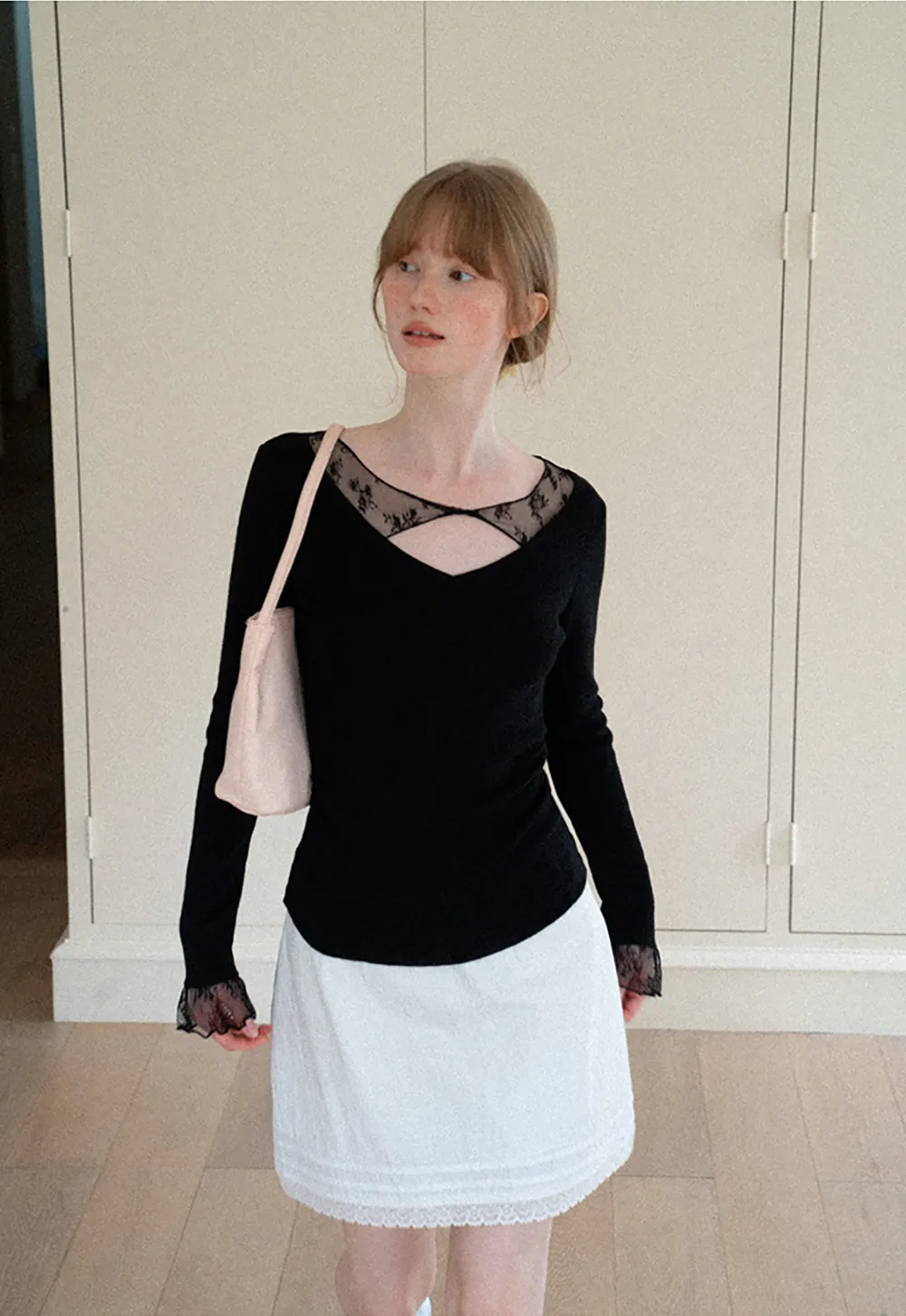 Lace Trim V Neck Long Sleeve Knit Sweater