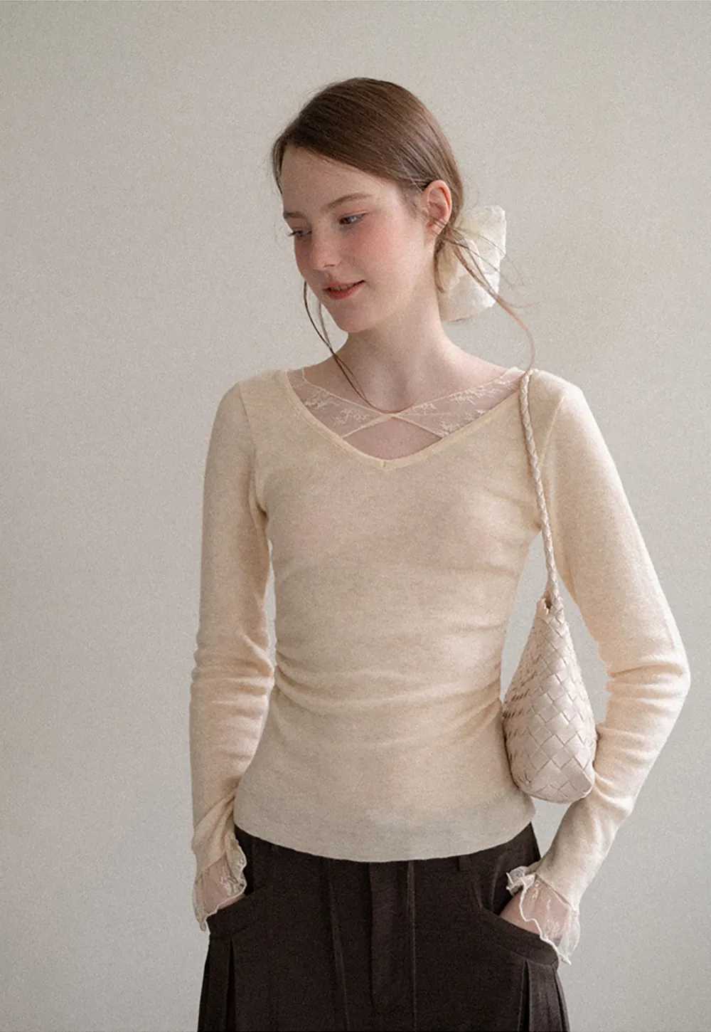 Lace Trim V Neck Long Sleeve Knit Sweater