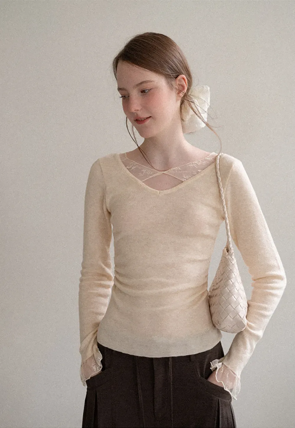 Lace Trim V Neck Long Sleeve Knit Sweater