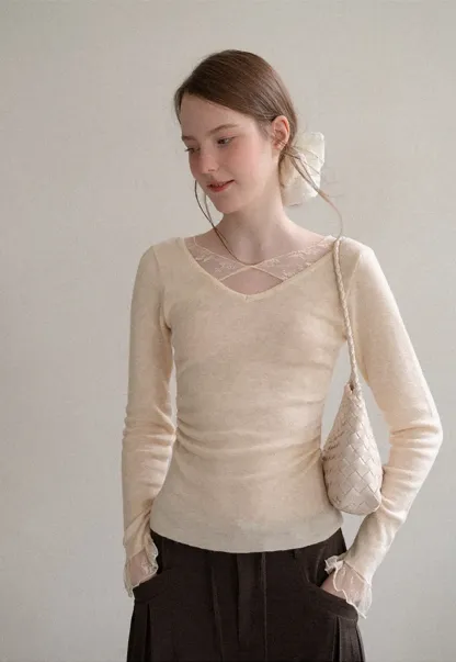 Lace Trim V Neck Long Sleeve Knit Sweater