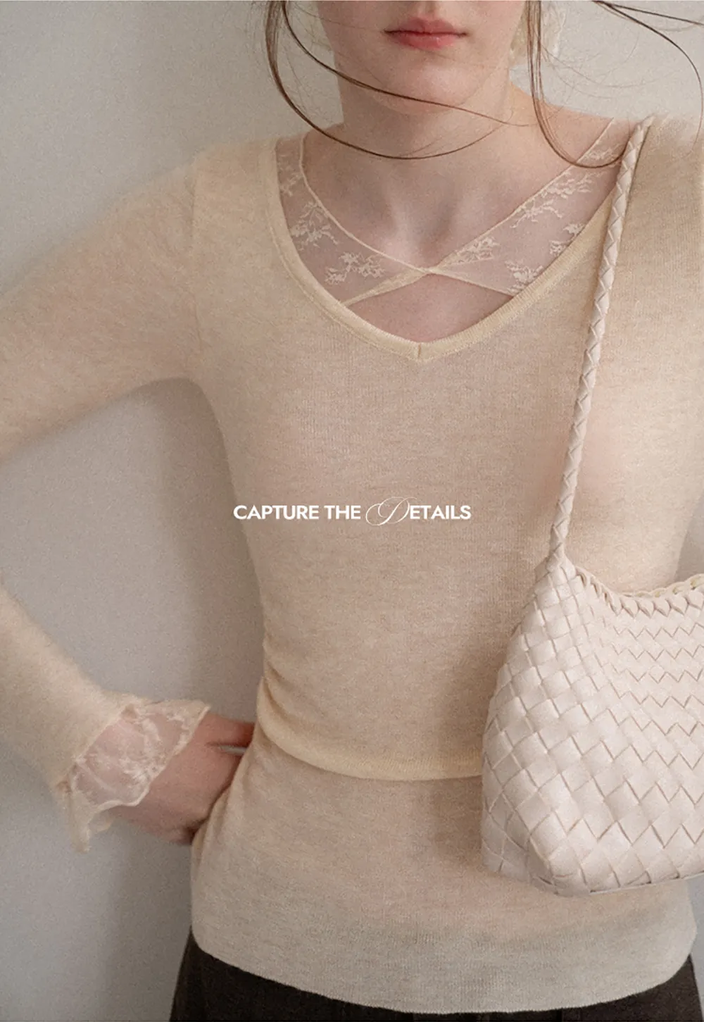 Lace Trim V Neck Long Sleeve Knit Sweater